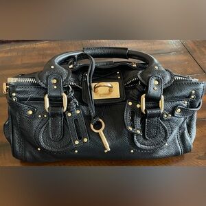 Authentic Chloé Black Leather Shoulder Bag Gold Hardware Tote Handbag